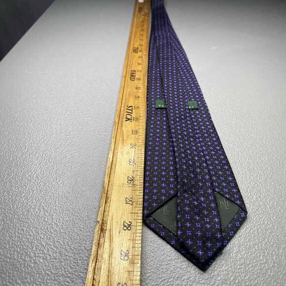 LAUREN RALPH LAUREN Mens Silk Tie Hand Finished Black Purple Geometric Made USA - Picture 3 of 6